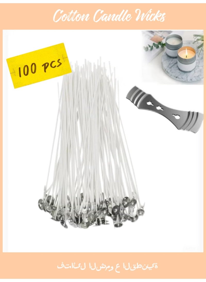 100 قطعة من فتائل الشموع القطنية (10 سم) مع 100 قطعة من ملصقات الفتائل و1 قطعة من حاملات فتائل الشموع المعدنية، فتائل شموع لصنع الشموع ذات الأعمدة والشموع اليدوية - Image 1