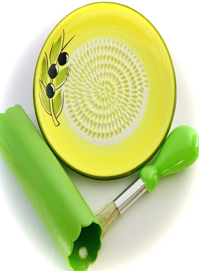 BonCera, All-in-one Premium Ceramic Garlic Grater Plate 4-Piece Set - Yellow Olive Design, Classic Style - For Garlic, Ginger, Chocolate, and more! - Comes with 5.25" Plate, Peeler, Brush, and Stand - Image 2
