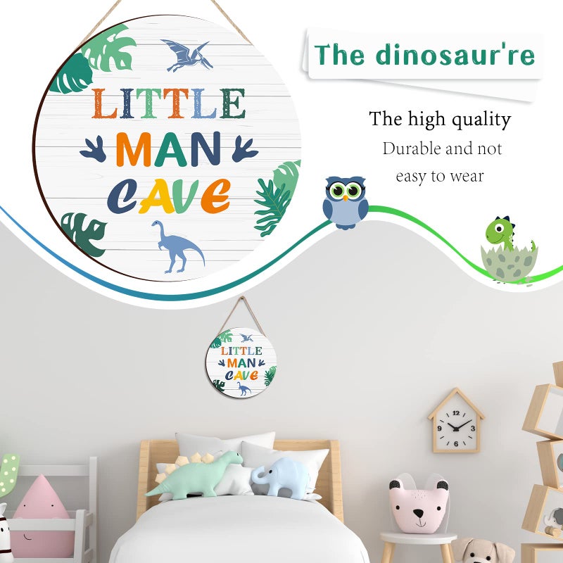 Yulejo Little Man Cave Wooden Sign Dinosaur Quote Wood Plaque Nursery Hanging Wall Art Decor for Kids Toddler Boys Bedroom Playroom Living Room Decorations - Image 5