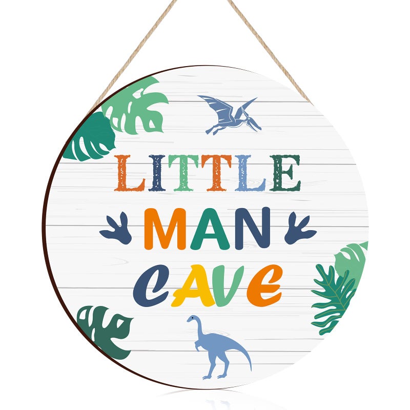 Yulejo Little Man Cave Wooden Sign Dinosaur Quote Wood Plaque Nursery Hanging Wall Art Decor for Kids Toddler Boys Bedroom Playroom Living Room Decorations - Image 1