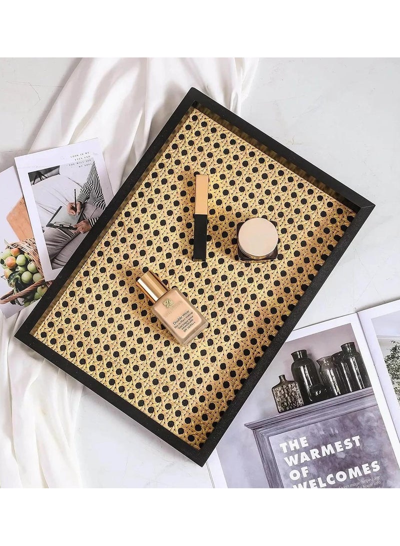 YIM-VIBEHAUS Rectangle Serving Tray with Imitated Rattan, Basket Serving Tray with Black Wooden Frame for Coffee, Breakfast, Food, Drink, Make Up  Decorative Trays 32 x 23 x 2 cm - Image 3