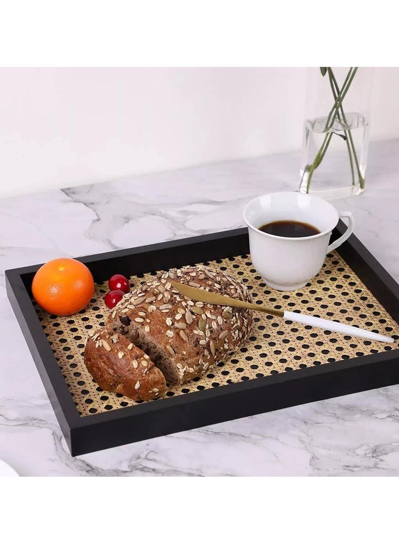 YIM-VIBEHAUS Rectangle Serving Tray with Imitated Rattan, Basket Serving Tray with Black Wooden Frame for Coffee, Breakfast, Food, Drink, Make Up  Decorative Trays 32 x 23 x 2 cm - Image 5