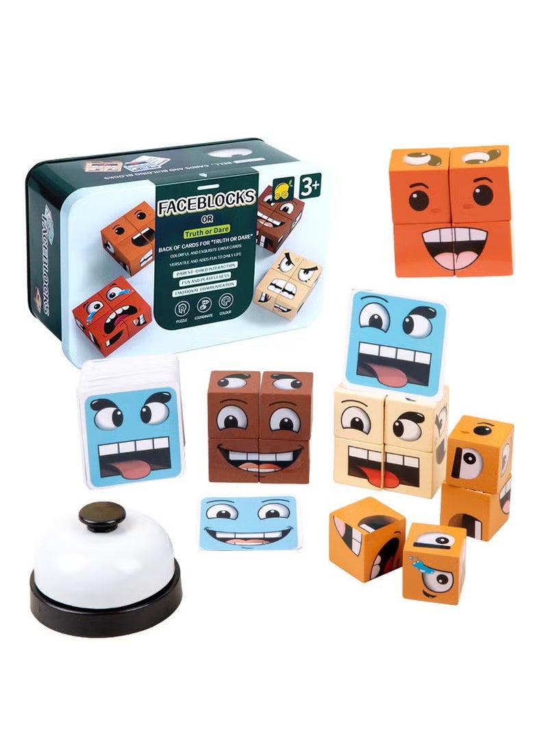 Wooden Face Changing Expression Rubik's Cube Toy with Bell,Table Interactive Game  - Image 1