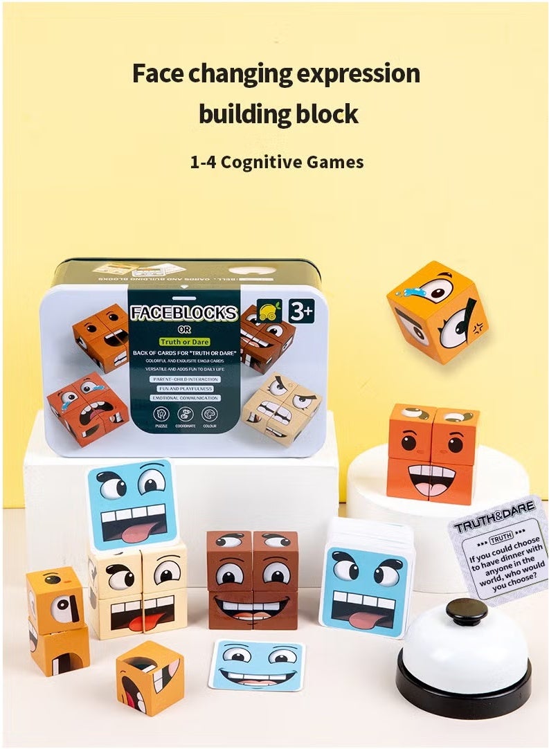 Wooden Face Changing Expression Rubik's Cube Toy with Bell,Table Interactive Game  - Image 2
