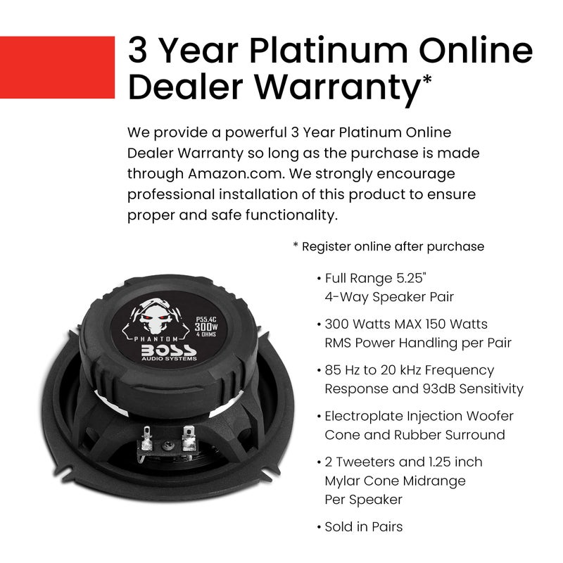 BOSS Audio Systems P55.4C Phantom Series 5.25 Inch Car Stereo Door Speakers - 300 Watts Max, 4 Way, Full Range Audio, Tweeters, Coaxial, Sold in Pairs - Image 3