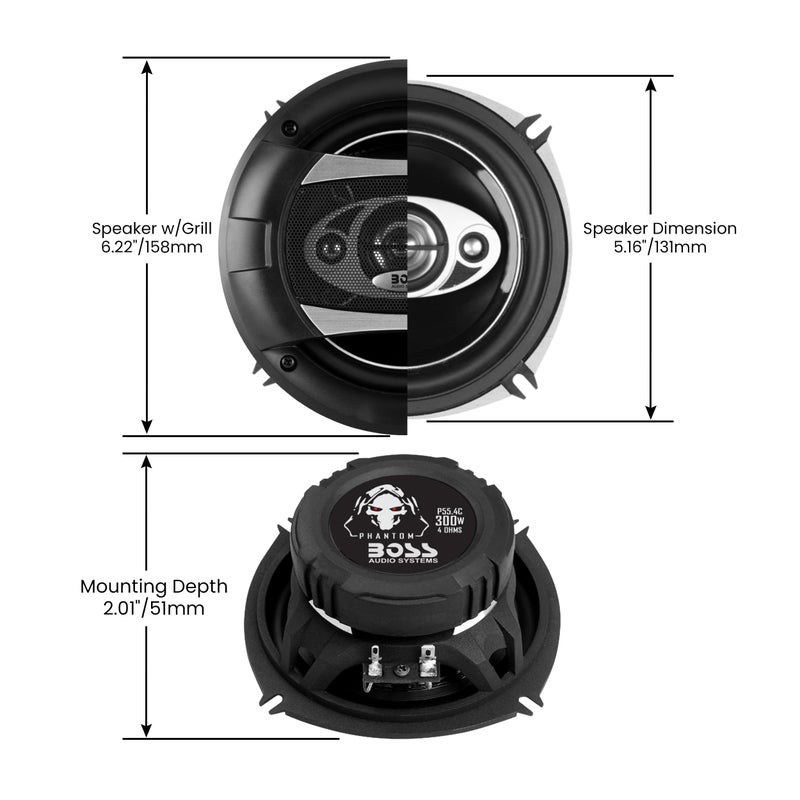 BOSS Audio Systems P55.4C Phantom Series 5.25 Inch Car Stereo Door Speakers - 300 Watts Max, 4 Way, Full Range Audio, Tweeters, Coaxial, Sold in Pairs - Image 4