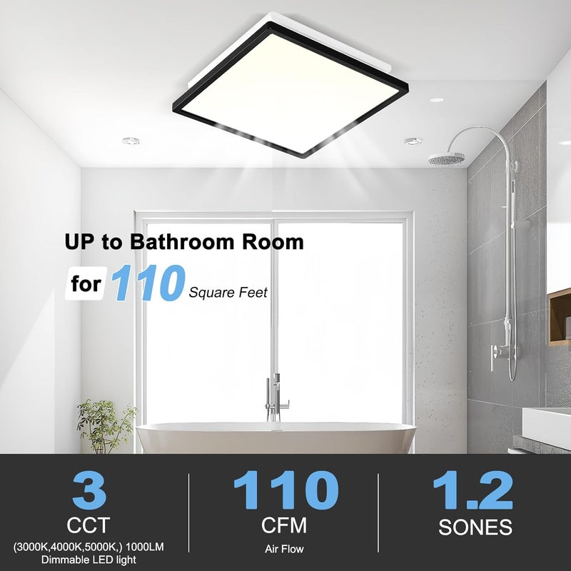 Tech Drive Bathroom Exhaust Fan with Light,110CFM,Super Quiet Bathroom Ventilation Fan,1000lm Dimmable 3CCT LED Light 3000K/4000K/5000K Selectable, Energy Star Bath Fan, Decorative Black Trim - Image 2