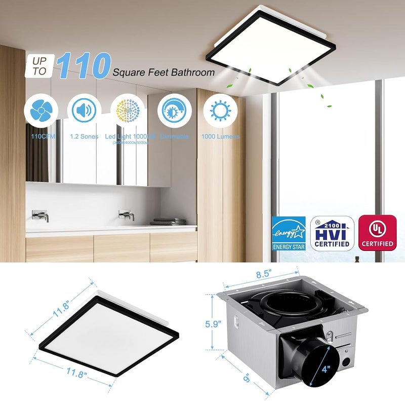 Tech Drive Bathroom Exhaust Fan with Light,110CFM,Super Quiet Bathroom Ventilation Fan,1000lm Dimmable 3CCT LED Light 3000K/4000K/5000K Selectable, Energy Star Bath Fan, Decorative Black Trim - Image 3