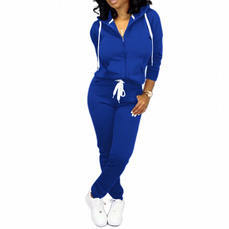 CLOCOR Sweatsuit for Women 2 Piece - Casual 2 Piece Outfits Pocket Tracksuit Long Sleeve with Patchwork Pants Set Blue-3XL - Image 1