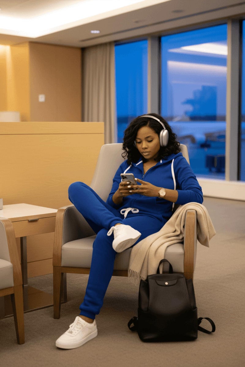 CLOCOR Sweatsuit for Women 2 Piece - Casual 2 Piece Outfits Pocket Tracksuit Long Sleeve with Patchwork Pants Set Blue-3XL - Image 2