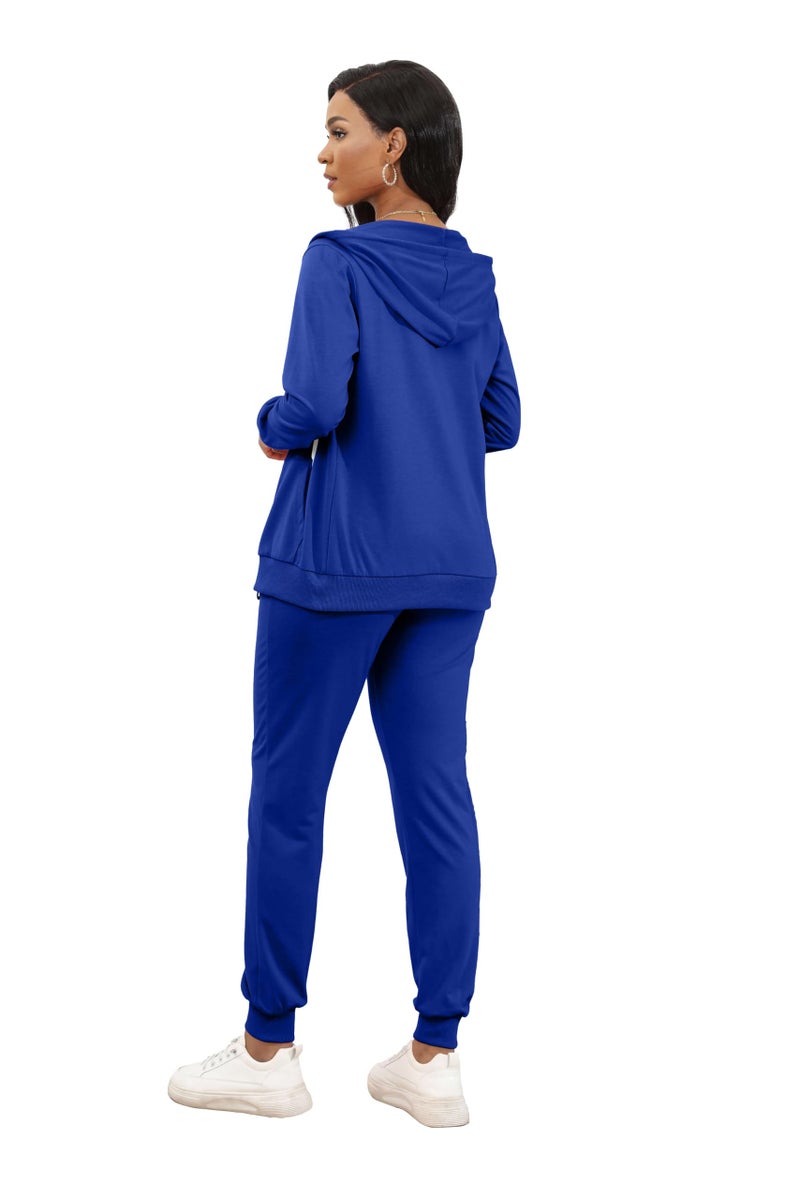 CLOCOR Sweatsuit for Women 2 Piece - Casual 2 Piece Outfits Pocket Tracksuit Long Sleeve with Patchwork Pants Set Blue-3XL - Image 4