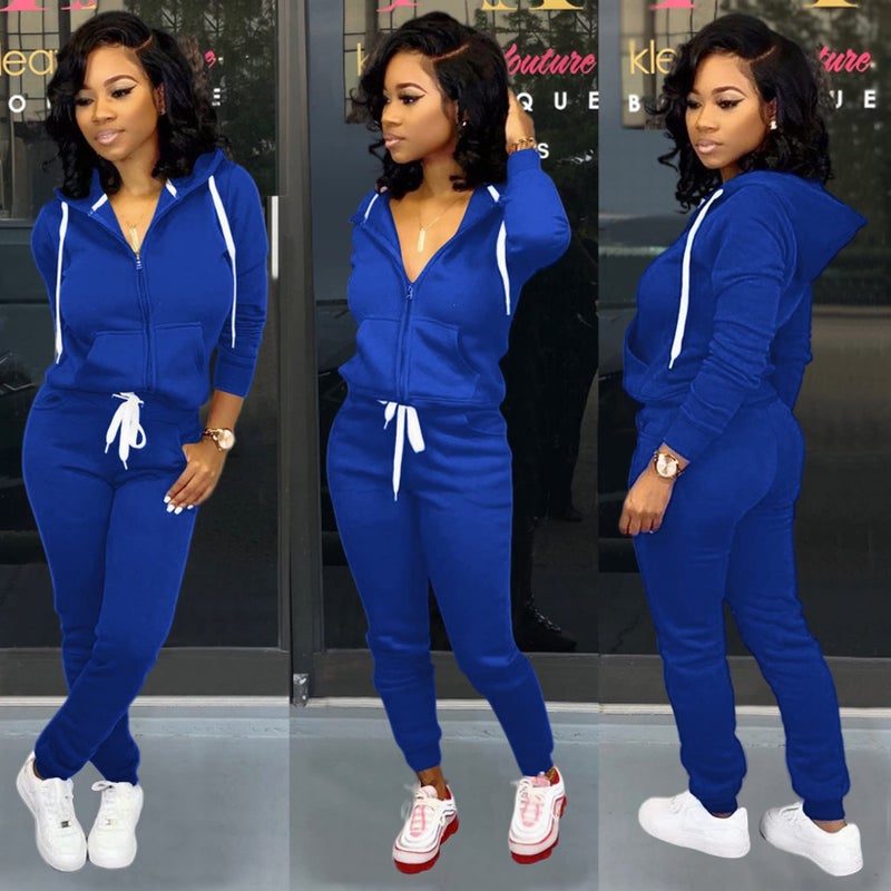 CLOCOR Sweatsuit for Women 2 Piece - Casual 2 Piece Outfits Pocket Tracksuit Long Sleeve with Patchwork Pants Set Blue-3XL - Image 5