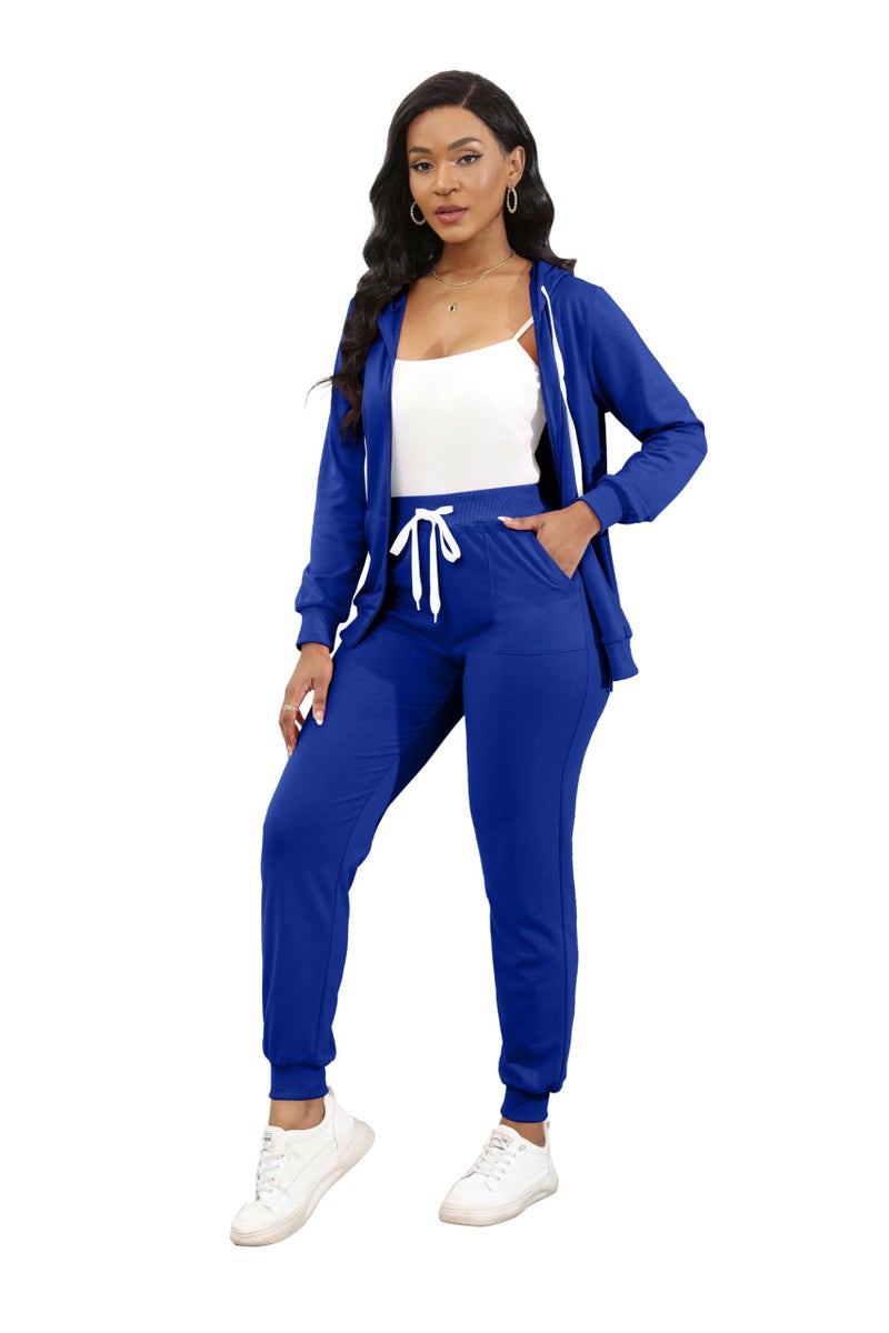 CLOCOR Sweatsuit for Women 2 Piece - Casual 2 Piece Outfits Pocket Tracksuit Long Sleeve with Patchwork Pants Set Blue-3XL - Image 3
