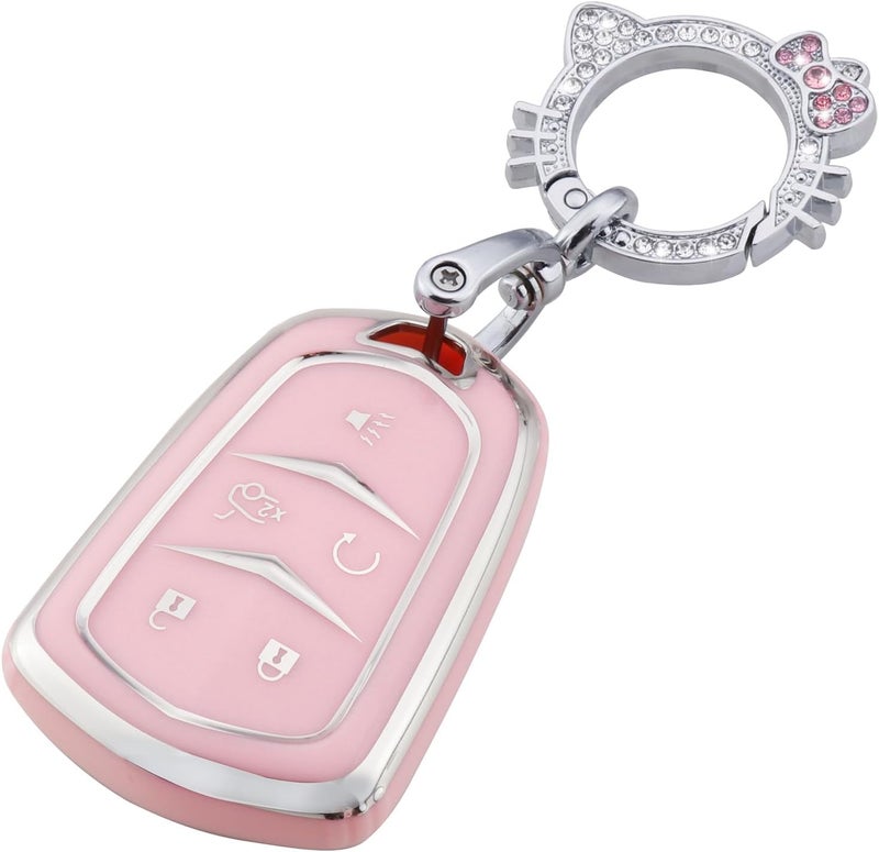 PANGPAI Pink Key Fob Cover for Cadillac, Soft TPU Key Case Protection with Bling Keychain Fit for Cadillac Escalade CTS SRX XT5 ATS CT6 5 Buttons Smart Key Case - Image 1