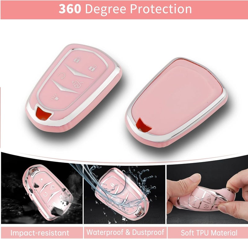 PANGPAI Pink Key Fob Cover for Cadillac, Soft TPU Key Case Protection with Bling Keychain Fit for Cadillac Escalade CTS SRX XT5 ATS CT6 5 Buttons Smart Key Case - Image 3