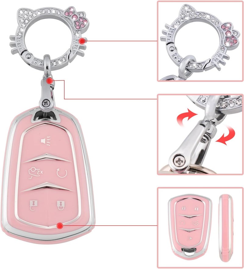 PANGPAI Pink Key Fob Cover for Cadillac, Soft TPU Key Case Protection with Bling Keychain Fit for Cadillac Escalade CTS SRX XT5 ATS CT6 5 Buttons Smart Key Case - Image 4