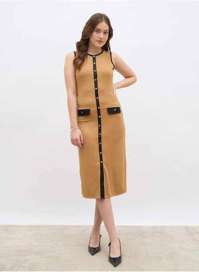 ستايلي Styli Women Beige Contrast Trim Sleeveless Sheath Midi Dress with Button Front