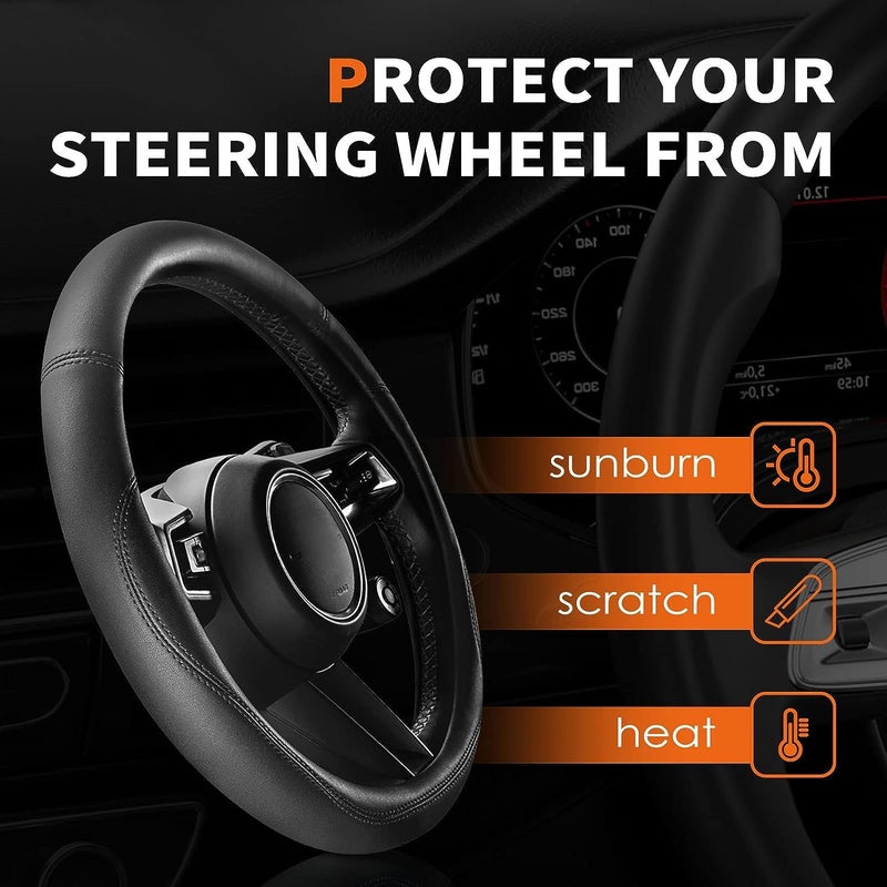 HOTOR Car Steering Wheel Cover - Universal Car Accessory for Diverse Cars, Leather Cover with Anti-Slip Lining, for Steering Wheel with a Diameter of 14.5"-15",Black - Image 4
