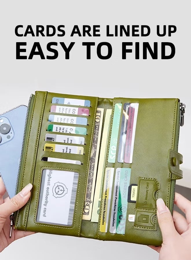 محفظة نسائية من الجلد - حافظة بطاقات مضادة للسرقة بتقنية حجب RFID مع جيب سحاب، محفظة مزدوجة السحاب خضراء - Image 3