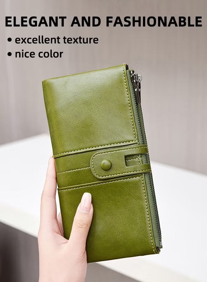 محفظة نسائية من الجلد - حافظة بطاقات مضادة للسرقة بتقنية حجب RFID مع جيب سحاب، محفظة مزدوجة السحاب خضراء - Image 2