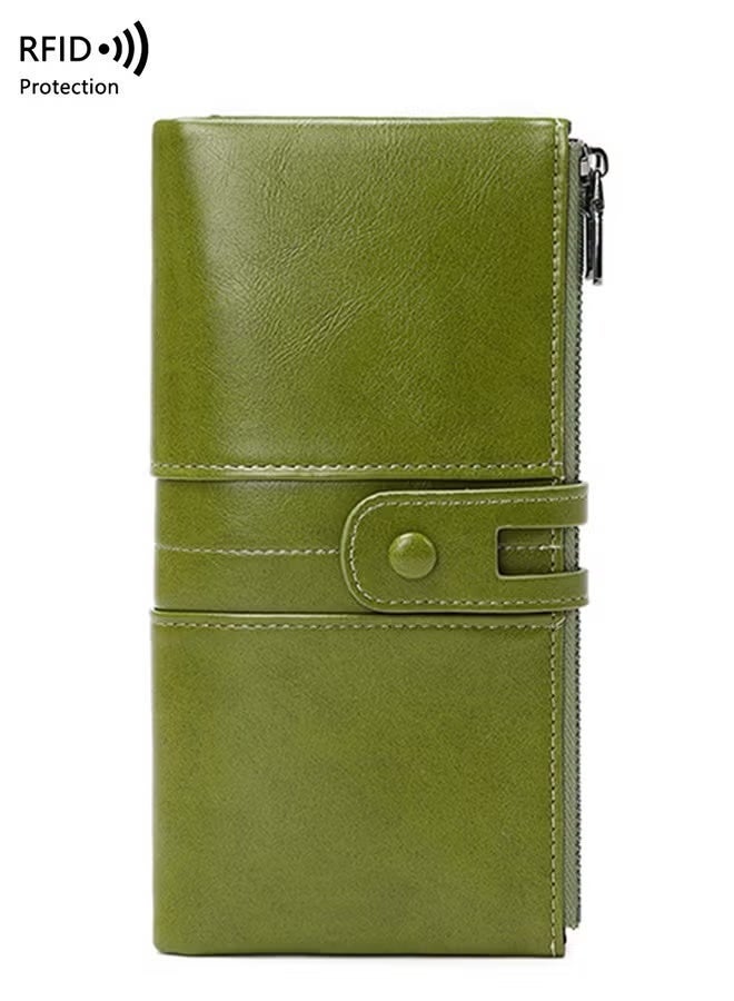 محفظة نسائية من الجلد - حافظة بطاقات مضادة للسرقة بتقنية حجب RFID مع جيب سحاب، محفظة مزدوجة السحاب خضراء - Image 1