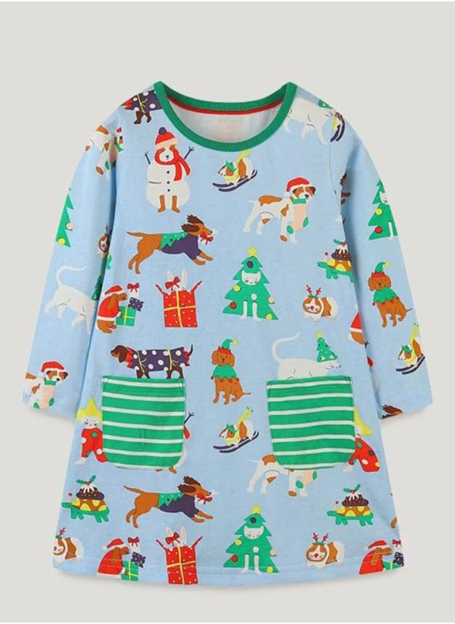 YUNIQEE Blue A-Line Crew Neck Printed Dress