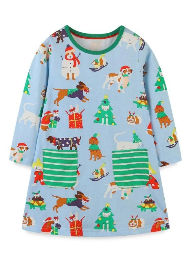 YUNIQEE Blue A-Line Crew Neck Printed Dress
