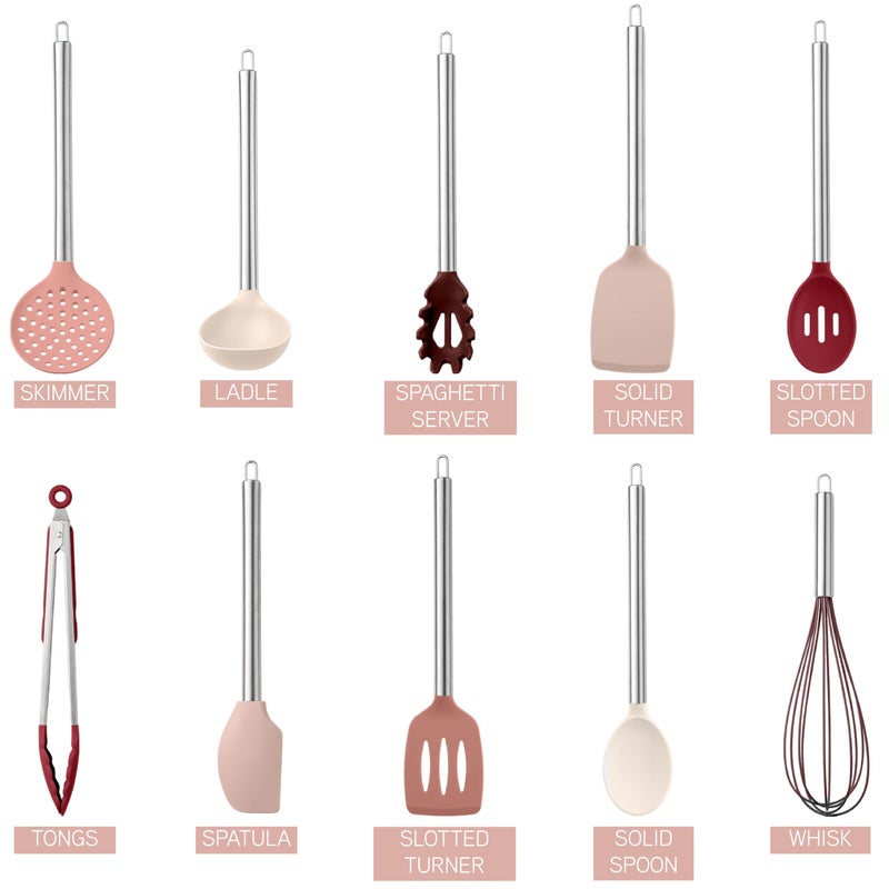 COOK WITH COLOR Silicone Cooking Utensils, Kitchen Utensil Set, Easy to Clean Silicone Kitchen Utensils, Cooking Utensils for Nonstick Cookware, Kitchen Gadgets Set, 10 Pieces, Rose - Image 3