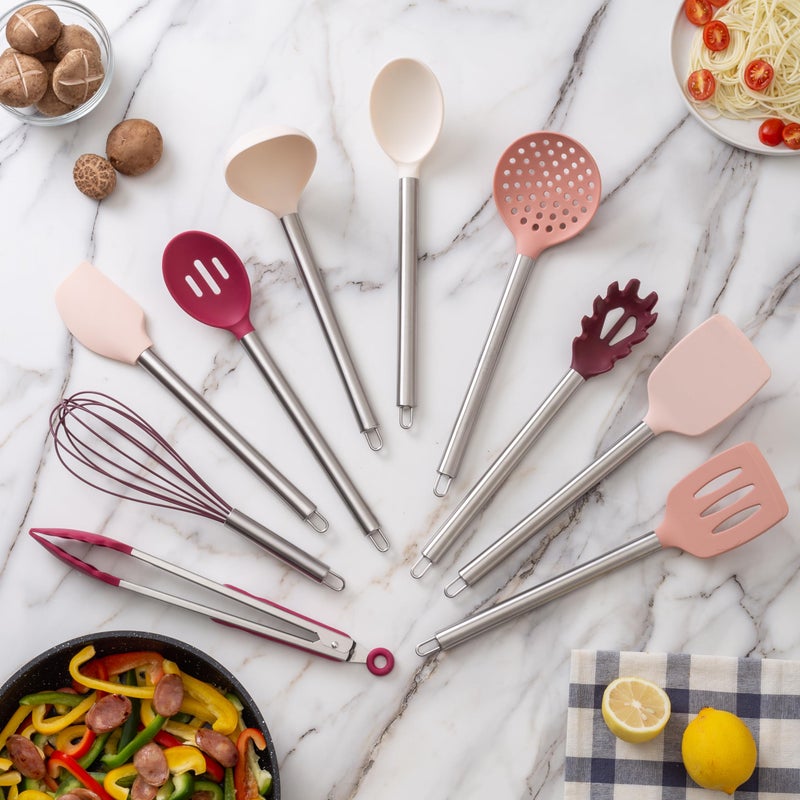 COOK WITH COLOR Silicone Cooking Utensils, Kitchen Utensil Set, Easy to Clean Silicone Kitchen Utensils, Cooking Utensils for Nonstick Cookware, Kitchen Gadgets Set, 10 Pieces, Rose - Image 2
