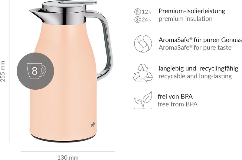 Alfi SKYLINE 1.0 L, Pastel Apricot, Stainless Steel Vacuum Flask with Hygienic Tempered Glass Insert, Screw Cap with Comfortable Push Button, Ergonomic Handle, Ideal as a Coffee Pot, Teapot, BPA-Free - Image 5