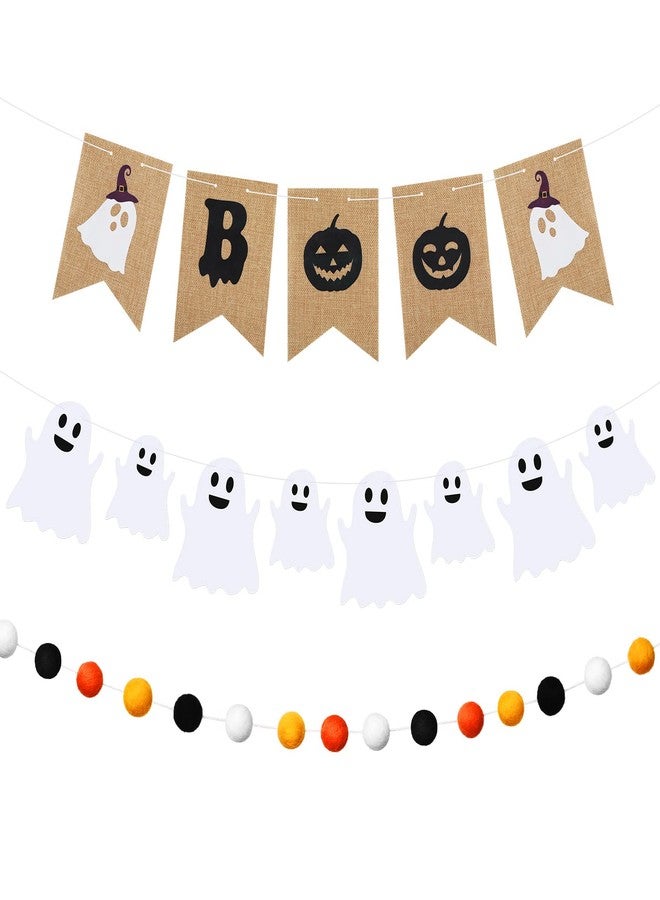 Oudain Halloween Banner 3 Pcs Burlap Boo Banner Felt Garland Ghost Decor White Orange and Black Hanging Halloween Decorations Outdoor for Party Birthday Fireplace Carnival Decoration - Image 1