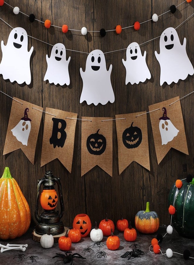 Oudain Halloween Banner 3 Pcs Burlap Boo Banner Felt Garland Ghost Decor White Orange and Black Hanging Halloween Decorations Outdoor for Party Birthday Fireplace Carnival Decoration - Image 4