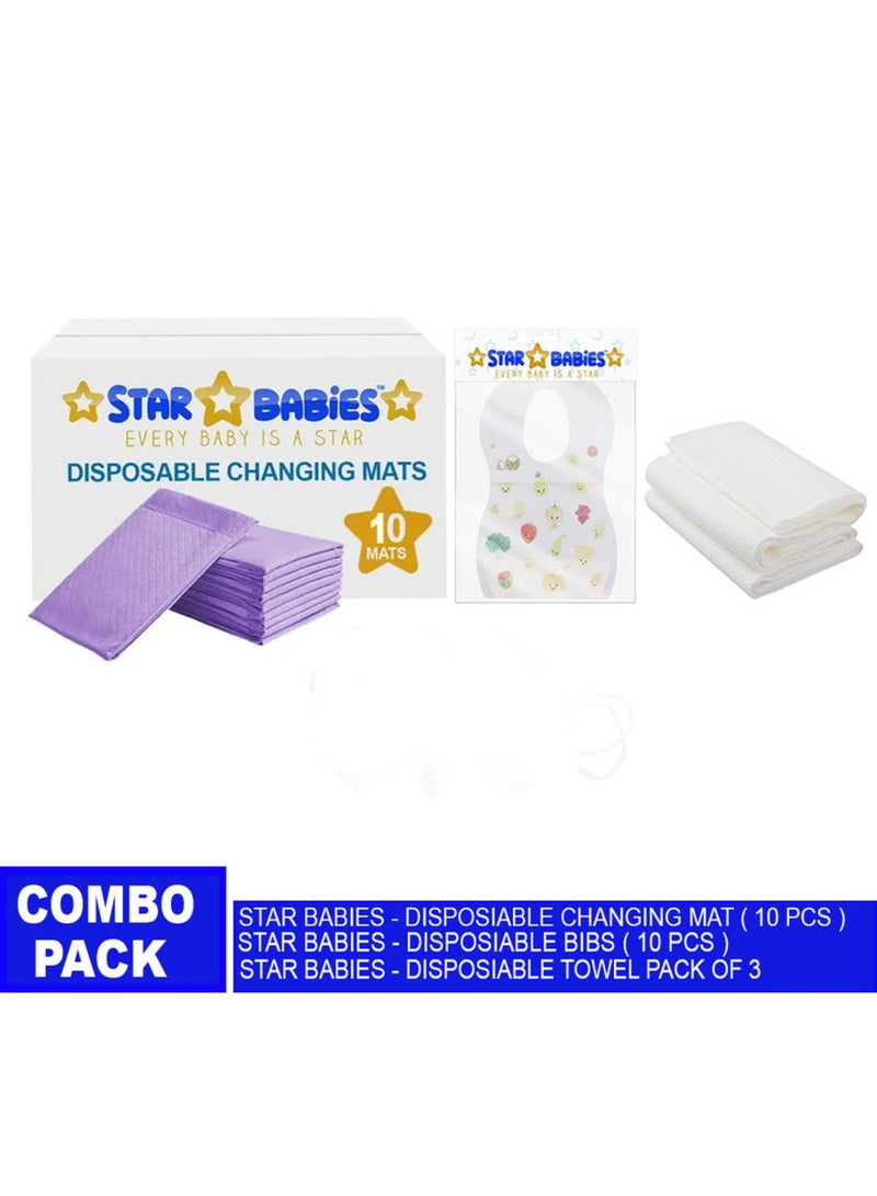 STAR BABiES Combo Pack  Pack Changing Mat 10Pcs Bibs 10Pcs Disposable Towel 3Pcs Lavender - Image 1