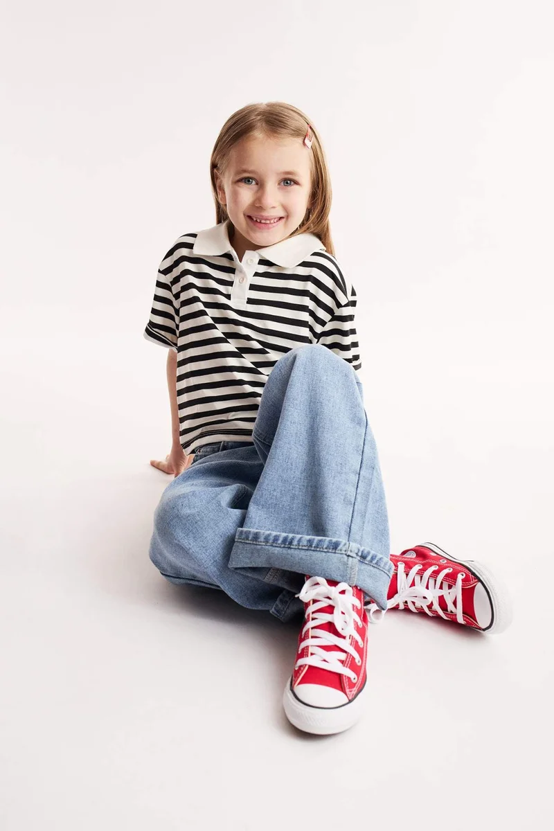 Defacto Girl Relax Fit Striped Short Sleeve Polo Shirt