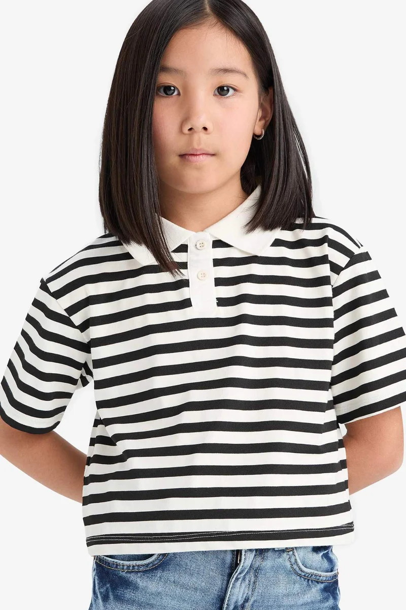 Defacto Girl Relax Fit Striped Short Sleeve Polo Shirt