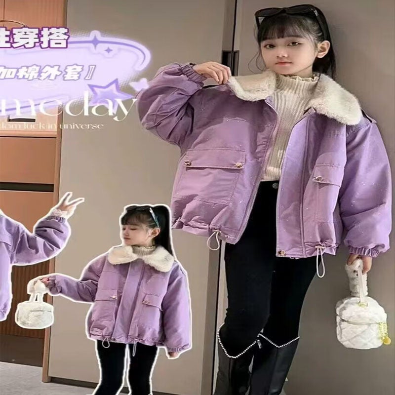 Girls' Velvet Coat Children'S Thickened Fur Collar Frock Sequin Pike Warm Cotton-Padded Coat - Image 5