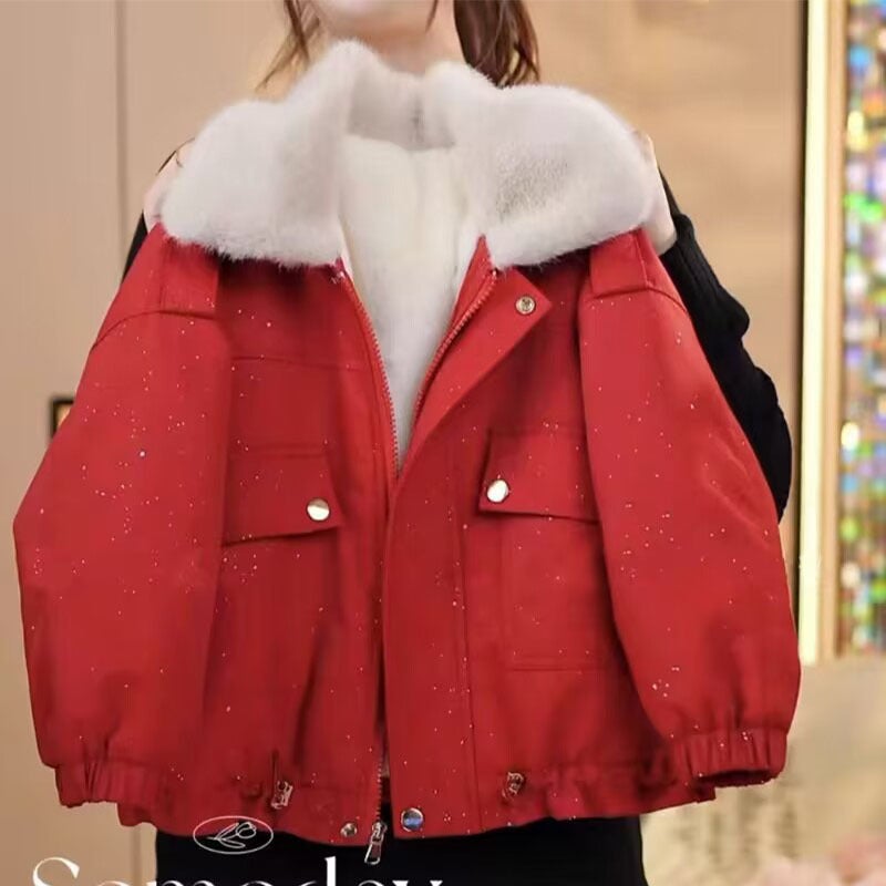 Girls' Velvet Coat Children'S Thickened Fur Collar Frock Sequin Pike Warm Cotton-Padded Coat - Image 1