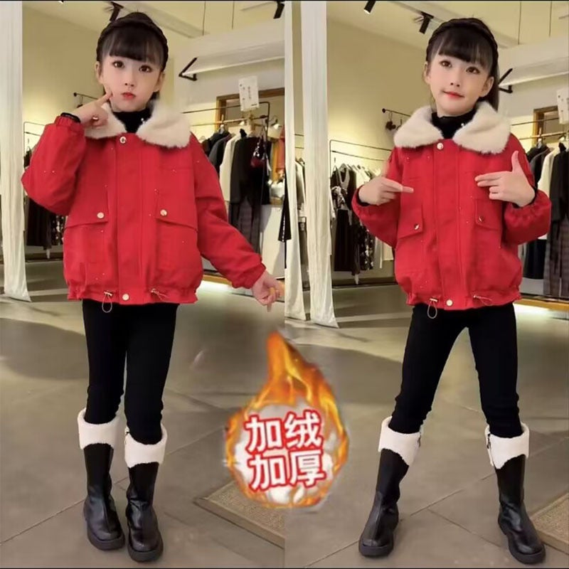 Girls' Velvet Coat Children'S Thickened Fur Collar Frock Sequin Pike Warm Cotton-Padded Coat - Image 2
