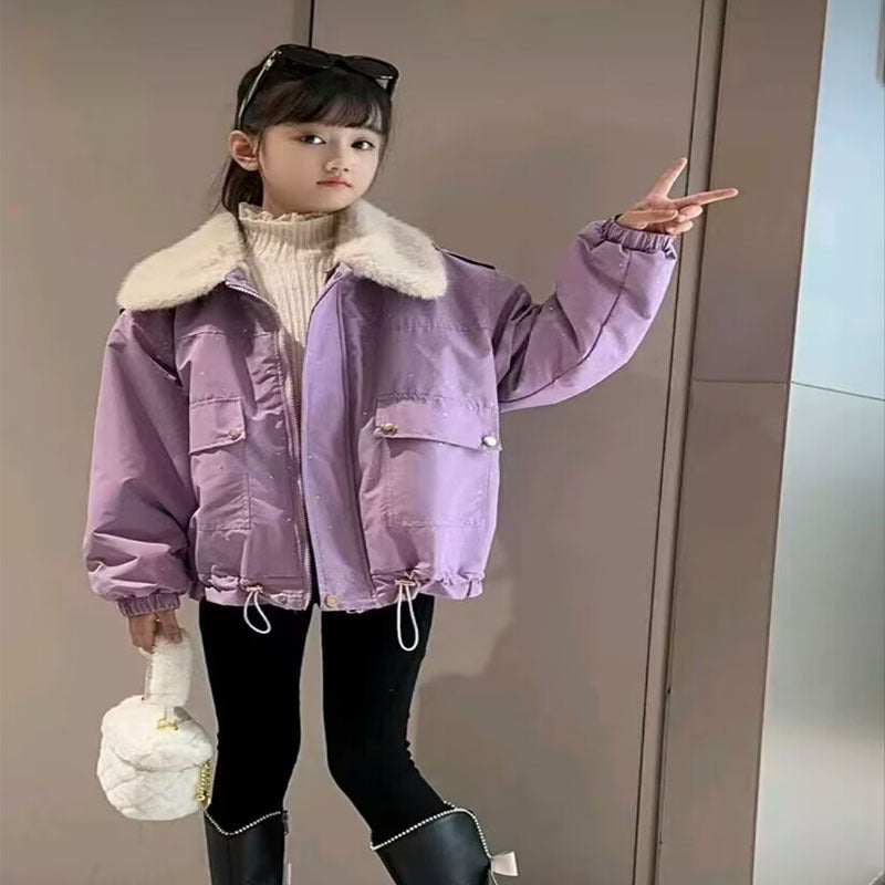 Girls' Velvet Coat Children'S Thickened Fur Collar Frock Sequin Pike Warm Cotton-Padded Coat - Image 4
