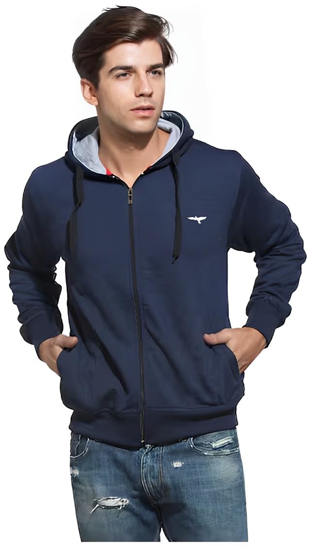 REYA Full Sleeve Solid Men Hood with Zipper Jacket (XL-Size)-Blue - Image 1