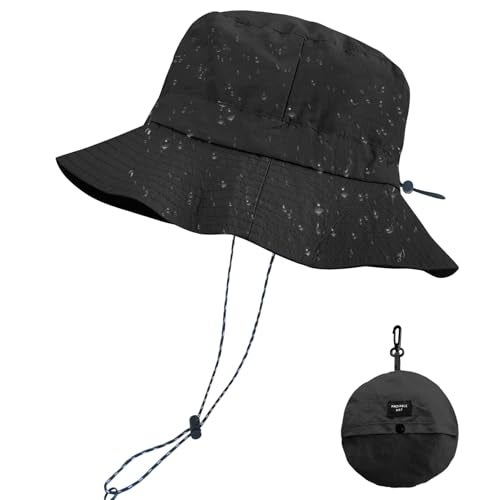 PFFY Quick Dry Waterproof Packable Bucket Hat for Women Men Outdoor Sun Hats with Detachable Chin Strap Black - Image 1