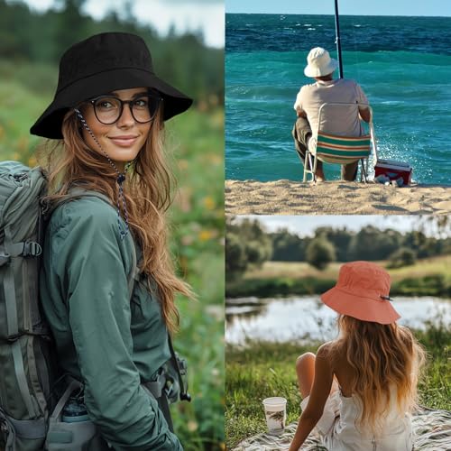 PFFY Quick Dry Waterproof Packable Bucket Hat for Women Men Outdoor Sun Hats with Detachable Chin Strap Black - Image 4