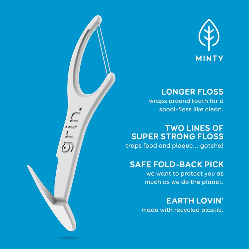 GRIN Double Flosspyx, Floss Picks, 75 Count, Dental Flossers, Minty Flavor, Recycled Plastic, 2 Lines of Strong Floss, Longer Floss Head, Traps Food and Plaque, Includes Safe Soft Fold-Back Tooth Pick - Image 3