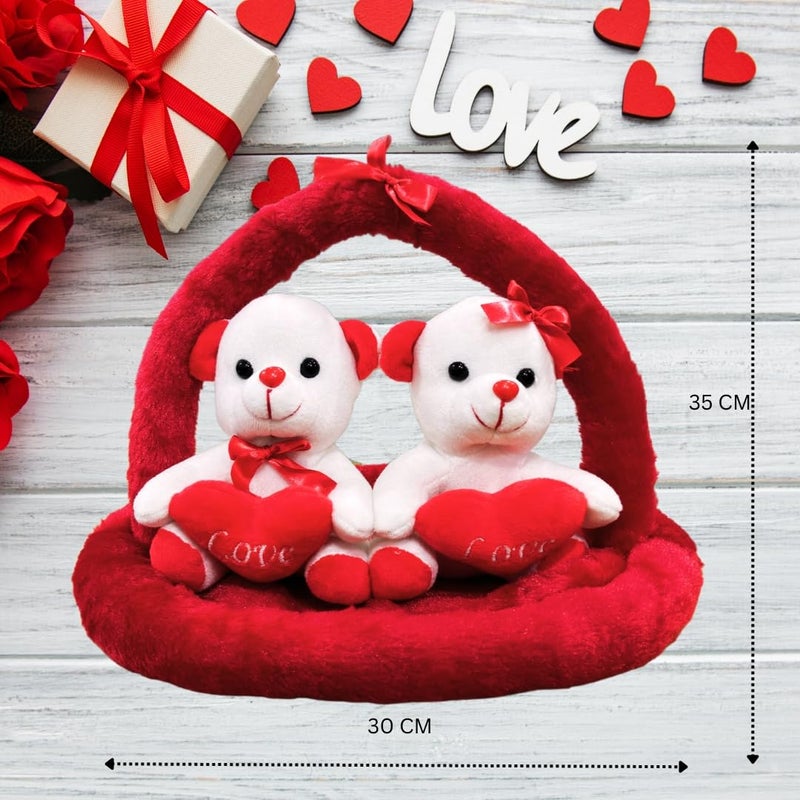 Stuff Tree Valentine's Day Teddy Bear Couple with Love Hearts, Plush Red Basket, Romantic Gift Set - Image 2