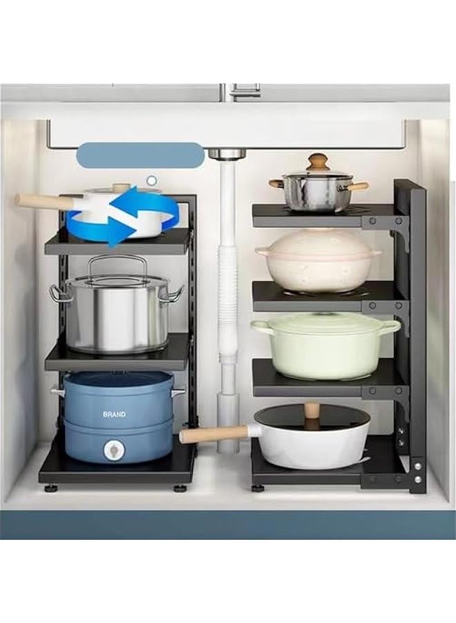 بيوينتي منظم رف الاواني، منظم الاواني والمقالي لتخزين وتنظيم المطبخ، رف منظم للاواني قابل للتعديل لخزانة المطبخ وحاملات اغطية الاواني ومنظم اغطية المقالي للاواني (3 طبقات)، أسود، فولاذ كربوني - Image 3