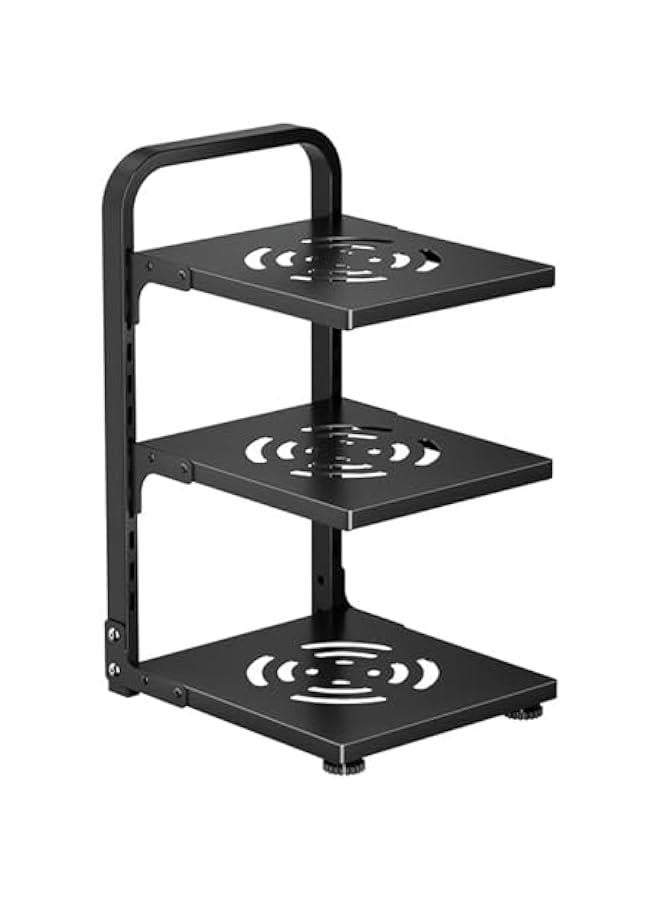 بيوينتي منظم رف الاواني، منظم الاواني والمقالي لتخزين وتنظيم المطبخ، رف منظم للاواني قابل للتعديل لخزانة المطبخ وحاملات اغطية الاواني ومنظم اغطية المقالي للاواني (3 طبقات)، أسود، فولاذ كربوني - Image 1