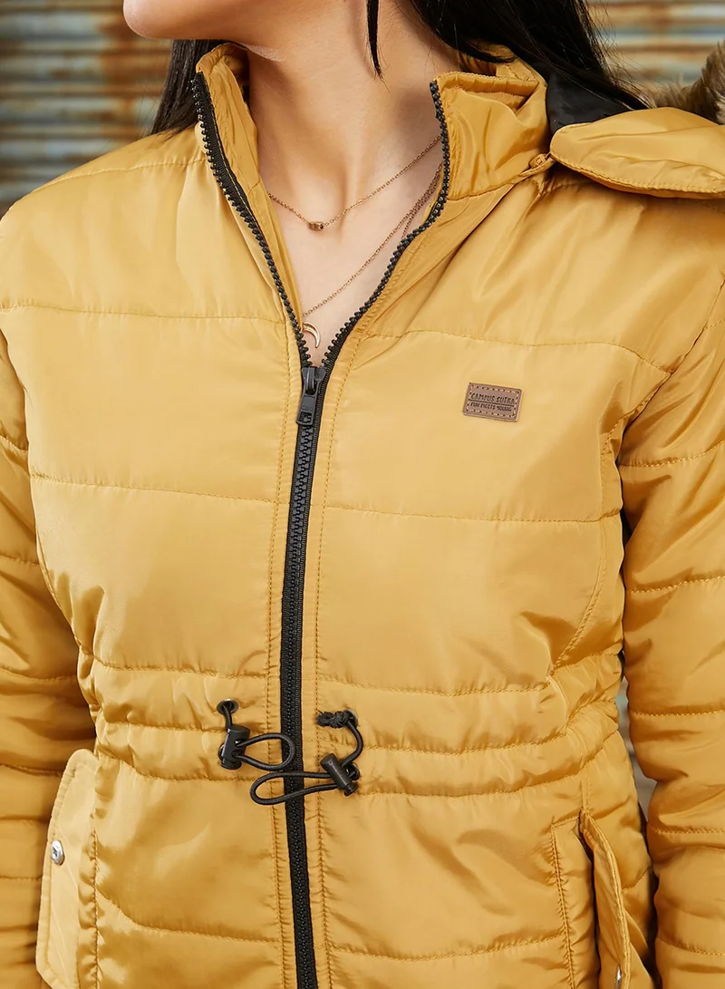 Campus Sutra Women's Yellow Ochre Cinched Puffer Jacket