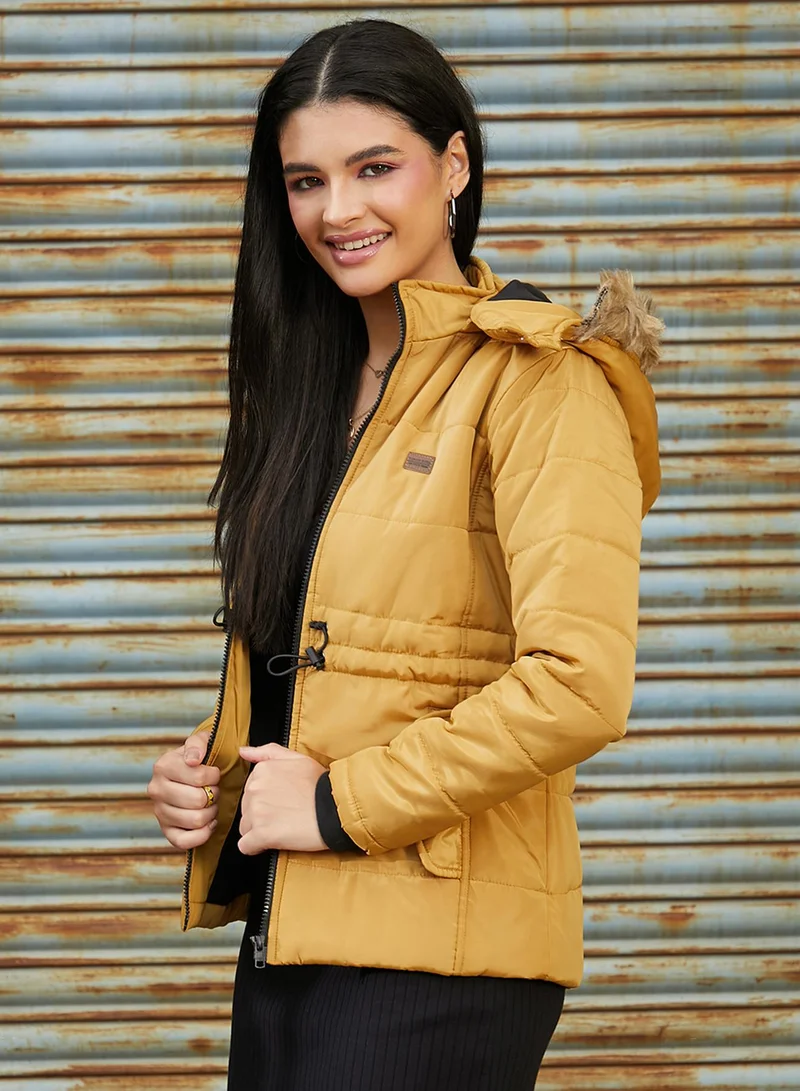 Campus Sutra Women's Yellow Ochre Cinched Puffer Jacket