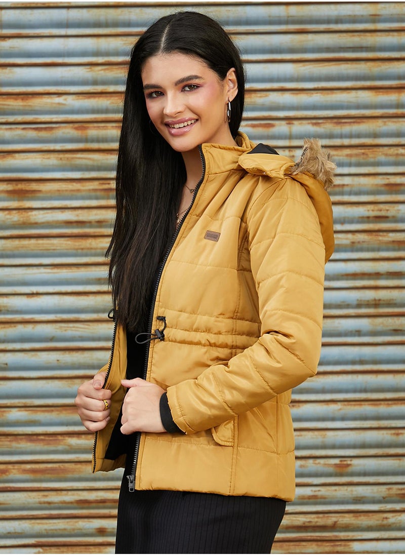 Campus Sutra Women's Yellow Ochre Cinched Puffer Jacket  - Image 3