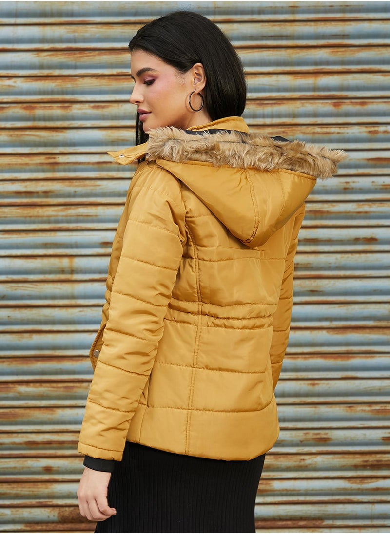 Campus Sutra Women's Yellow Ochre Cinched Puffer Jacket  - Image 5